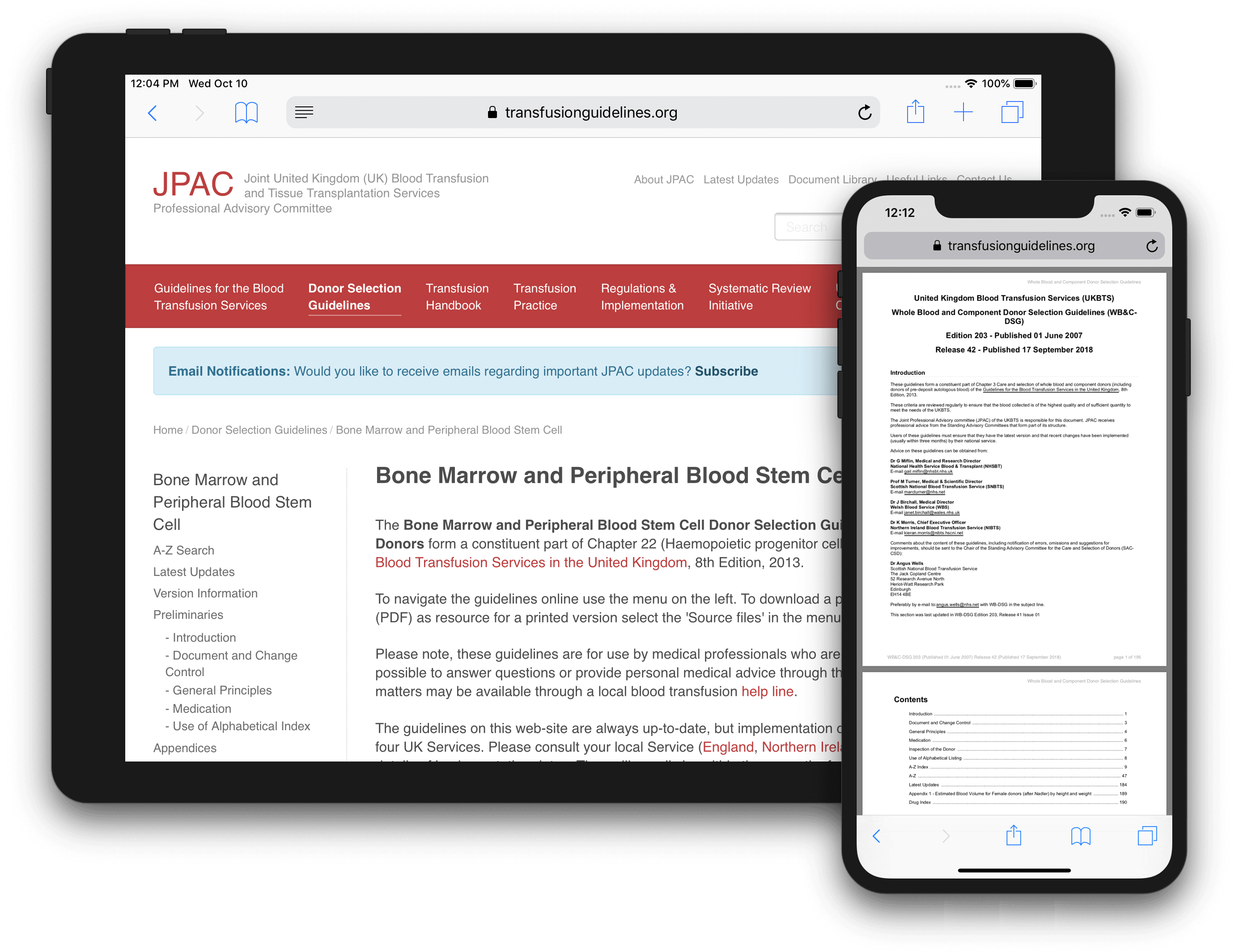 Joint United Kingdom Blood Transfusion and Tissue Transplantation Services Professional Advisory Committee website shown on mobile and desktop